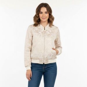 Zara Glenna Metallic Floral Jacket Zip Up Gold Ivory Lightweight Bomber Sz Small
